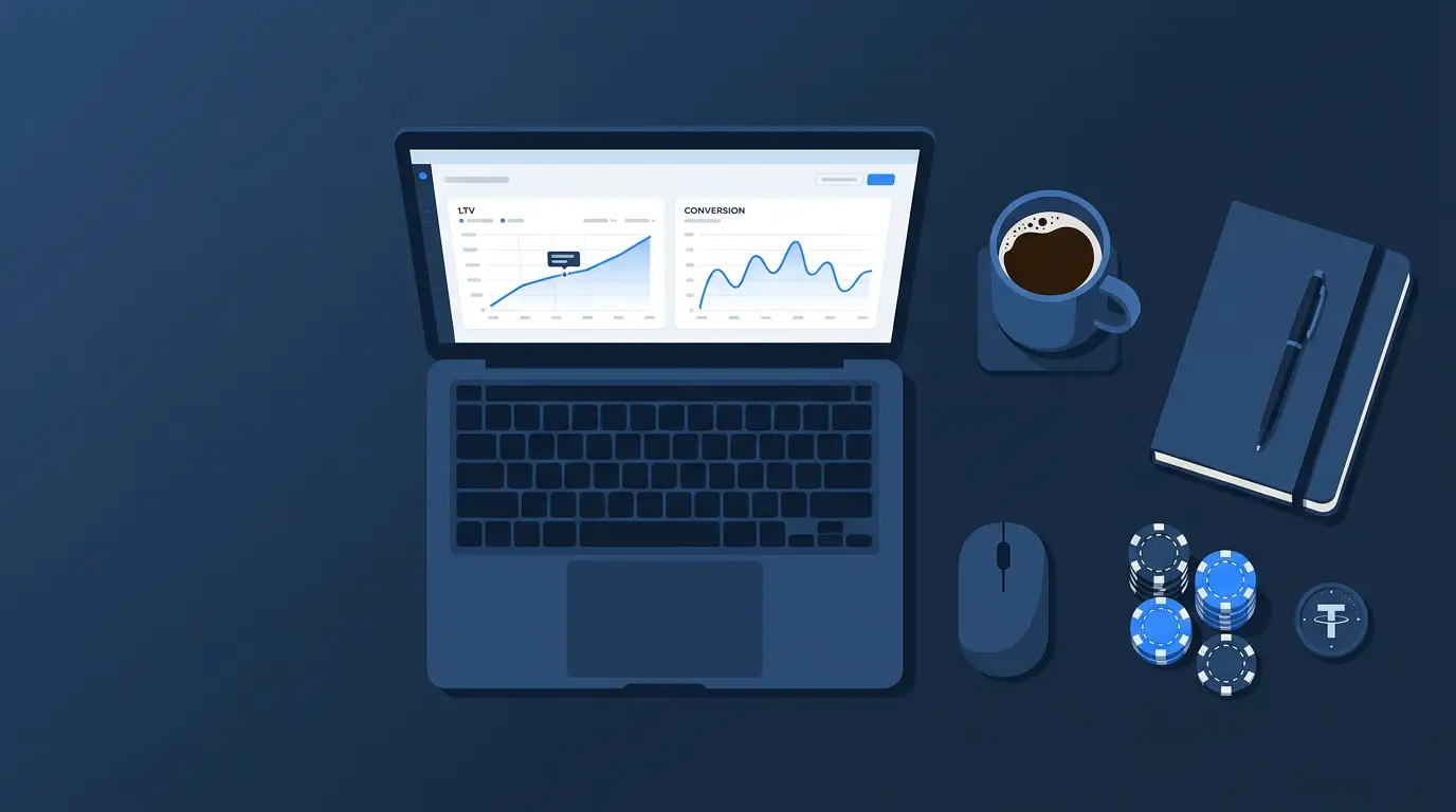 Рабочий стол вебмастера: аналитика на ноутбуке, фишки и USDT, плоская иллюстрация