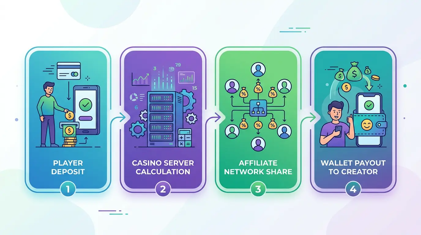 Схема движения денег: депозит игрока, казино, партнёрка, выплата вебмастеру