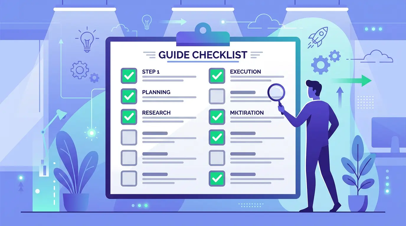 Чек-лист выбора партнёрки: доска с пунктами и лупа