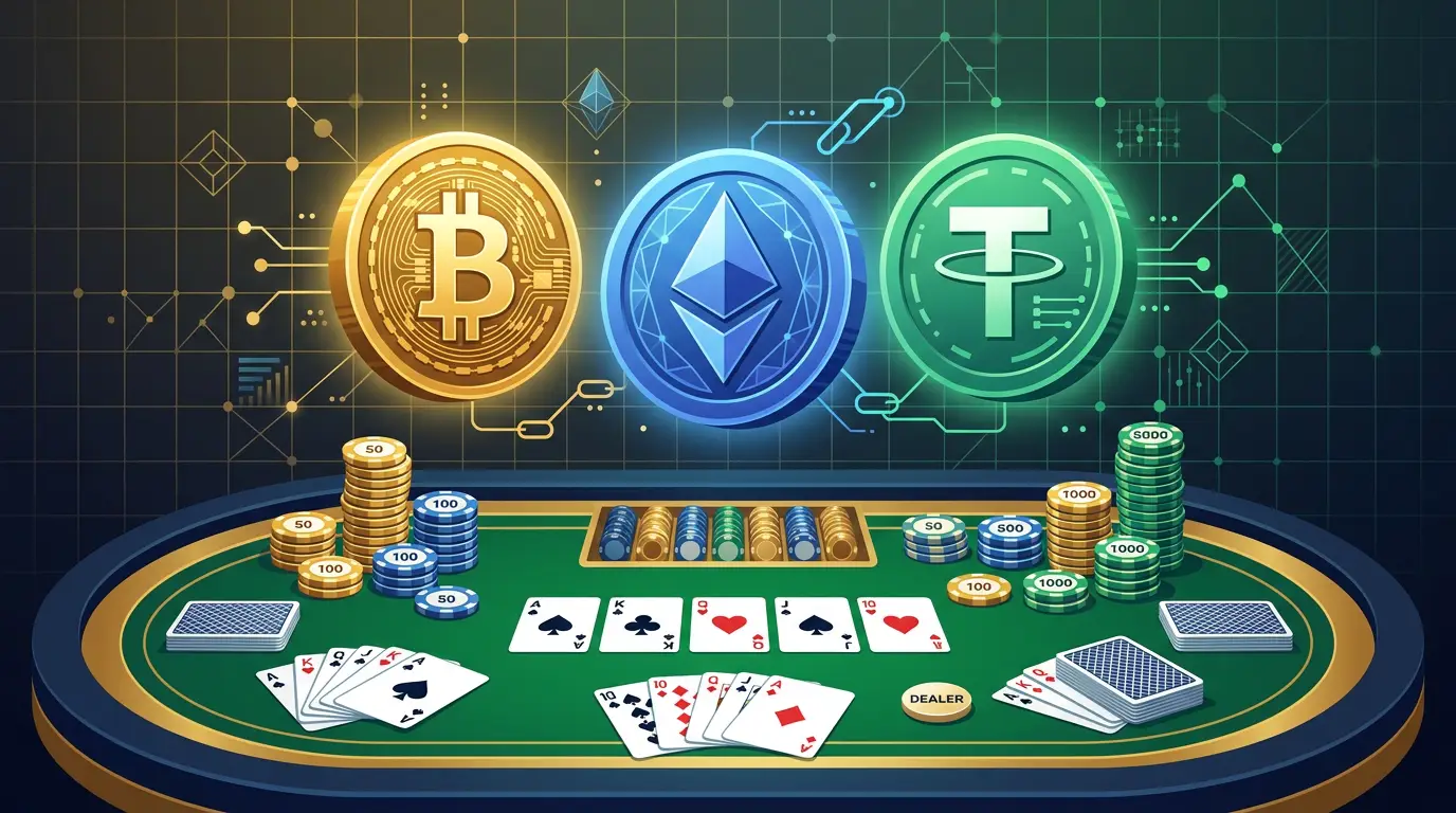 Криптовалюта и гемблинг: BTC, ETH, USDT над игровым столом