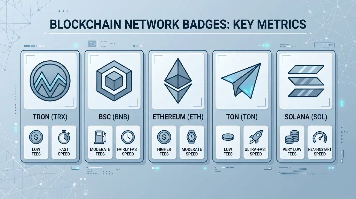 Сети для крипто-выплат: TRON, BSC, Ethereum, TON, Solana