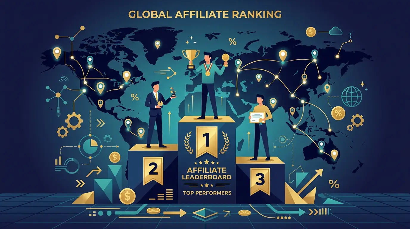 Рейтинг партнёрок: пьедестал и карта мира с точками ГЕО