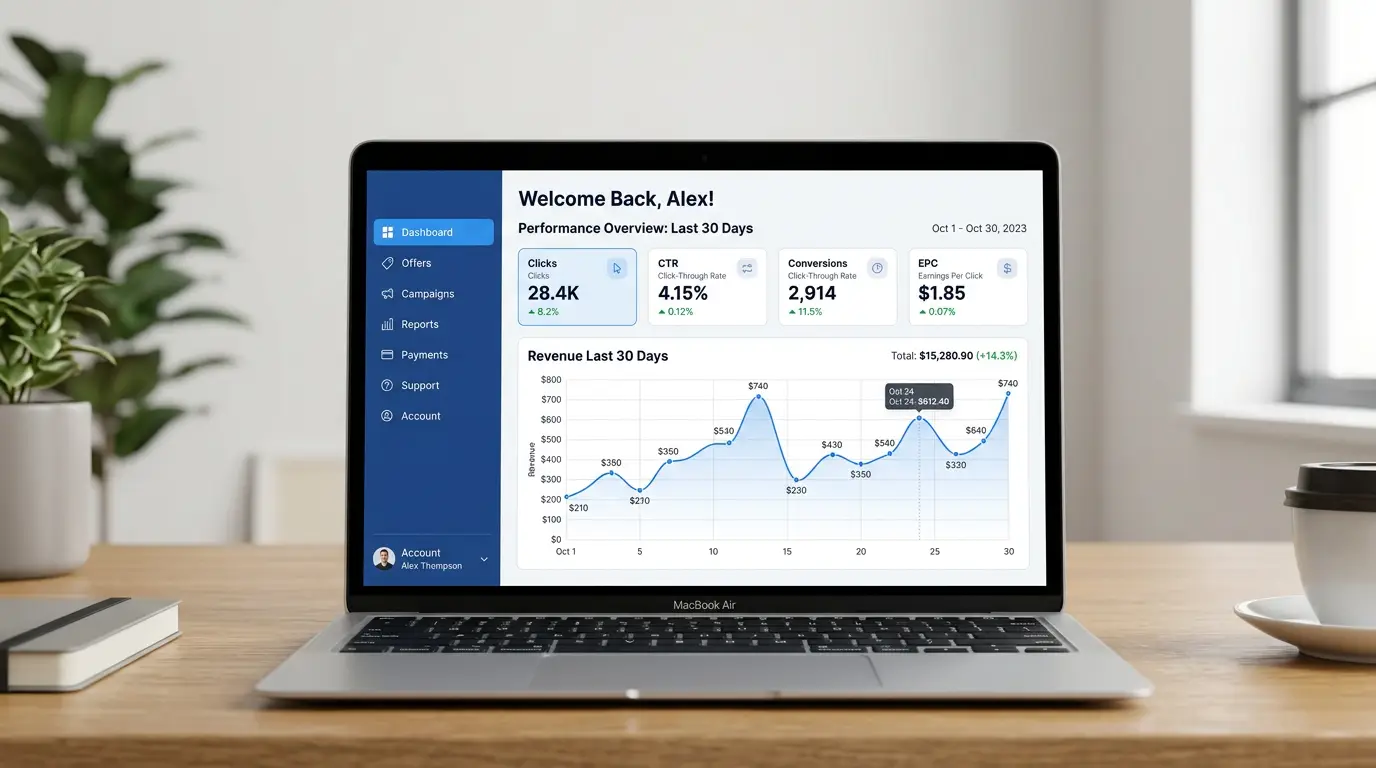 Мокап дашборда партнёрской программы: график выручки и метрики