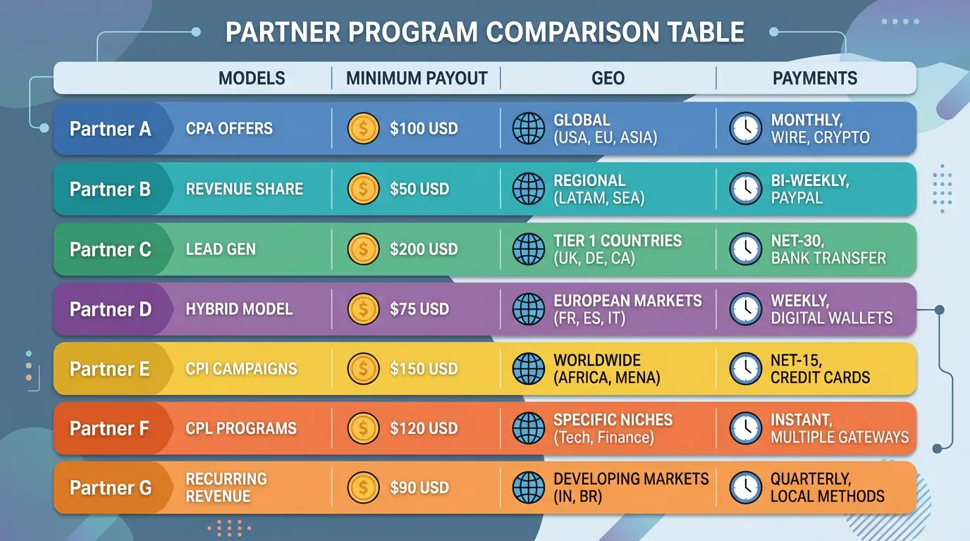 Сравнительная инфографика партнёрок: модели выплат и ГЕО